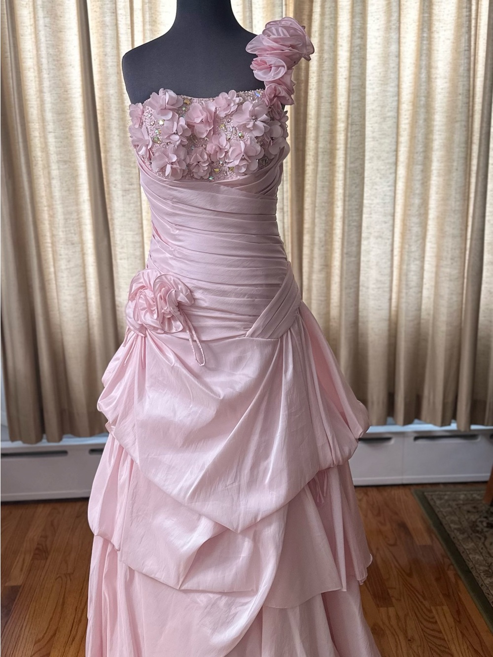Alyce Paris One-Shoulder Dusty Blush Floral Appliqué Prom Gown